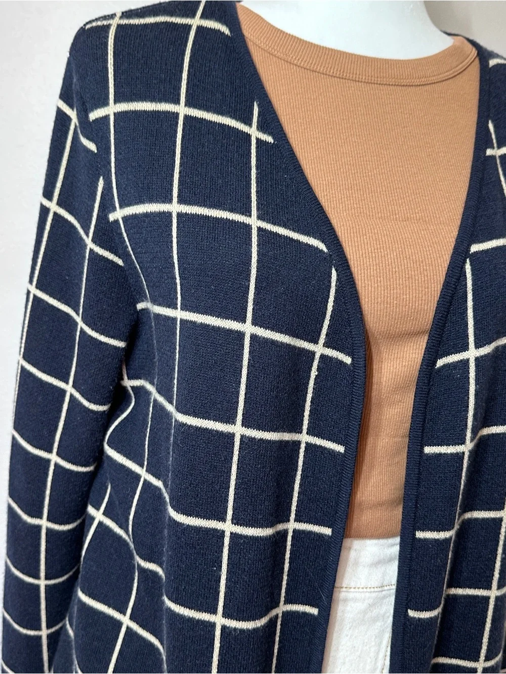 Charter Club Navy Windowpane Cardigan & Gibson Latimer Cream Denim Wrap Skirt